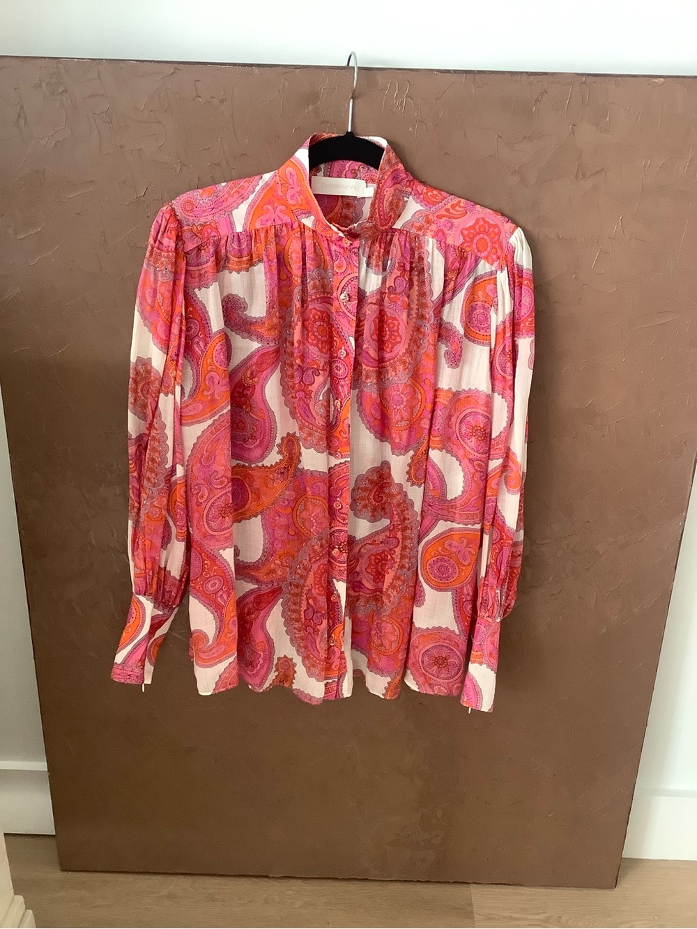 Zimmermann Pink Orange Paisley Linen Blouse with Button Front